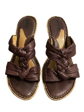 Born Women's Braided Leather Open Toe Cork Wedge Sandals